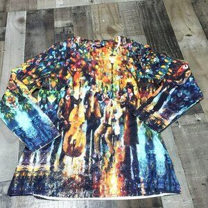 𝅺TESA Moda Glowing Music Painting Blouse Sequins Art To Wear Water Color M